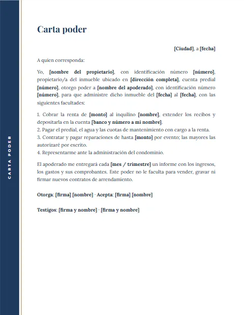 Carta Poder para Administración de Bienes: diseño Margen