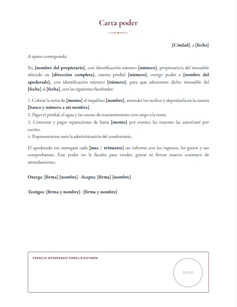 Formato de carta poder para administración de bienes para descargar en formato Word