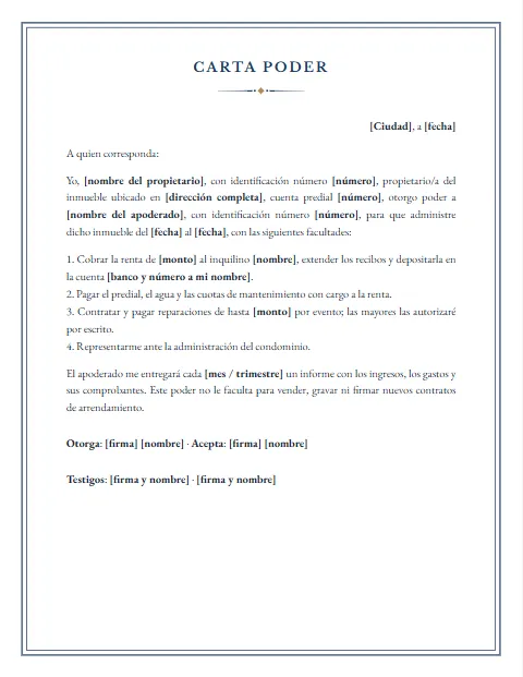Carta Poder para Administración de Bienes: diseño Notarial