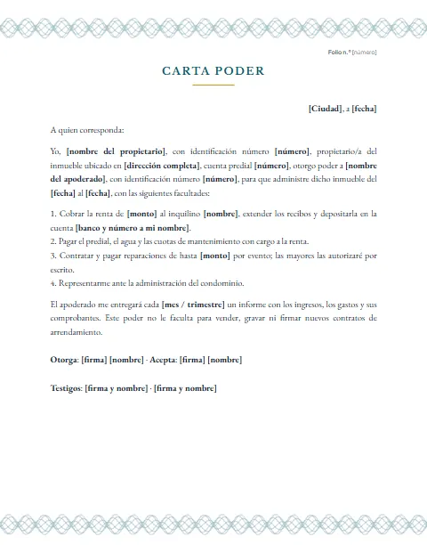 Carta Poder para Administración de Bienes: diseño Papel de seguridad