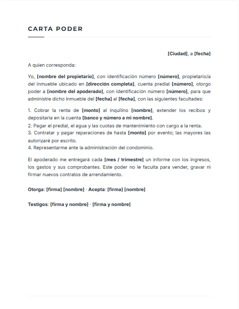 Carta Poder para Administración de Bienes: diseño Sobrio