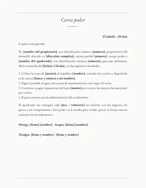 Carta Poder para Administración de Bienes: diseño Tradicional