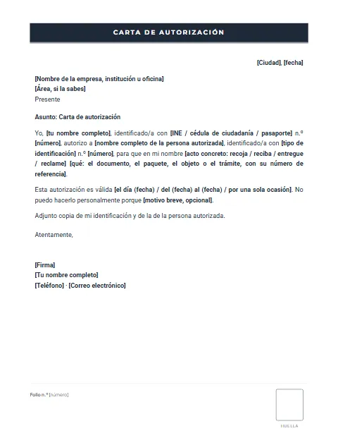Carta de Autorización: diseño Formato con huella