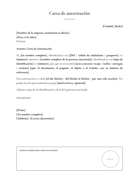 Carta de Autorización: diseño Para notaría