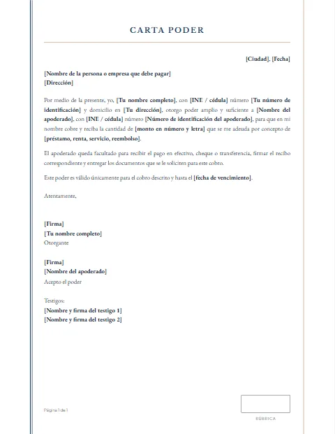 Carta Poder para Cobrar: diseño Acta