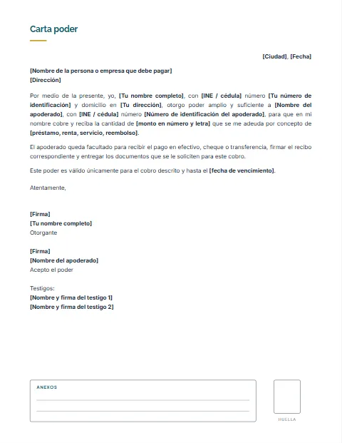 Carta Poder para Cobrar: diseño Con anexos