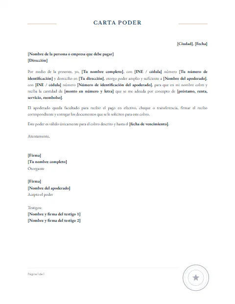 Carta Poder para Cobrar: diseño Con sello