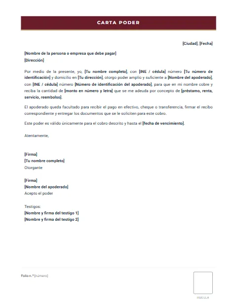 Carta Poder para Cobrar: diseño Formato con huella