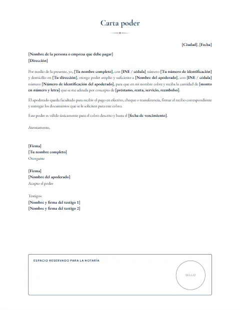 Carta Poder para Cobrar: diseño Para notaría