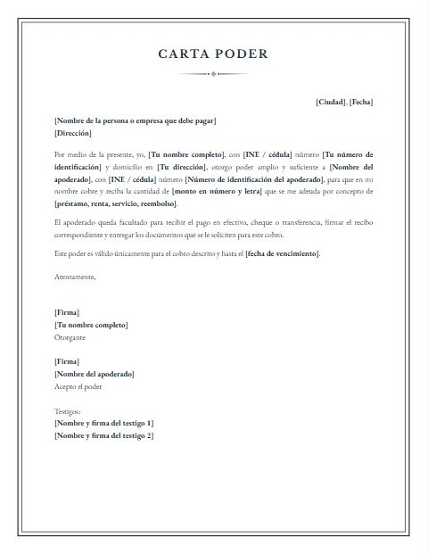 Carta Poder para Cobrar: diseño Notarial