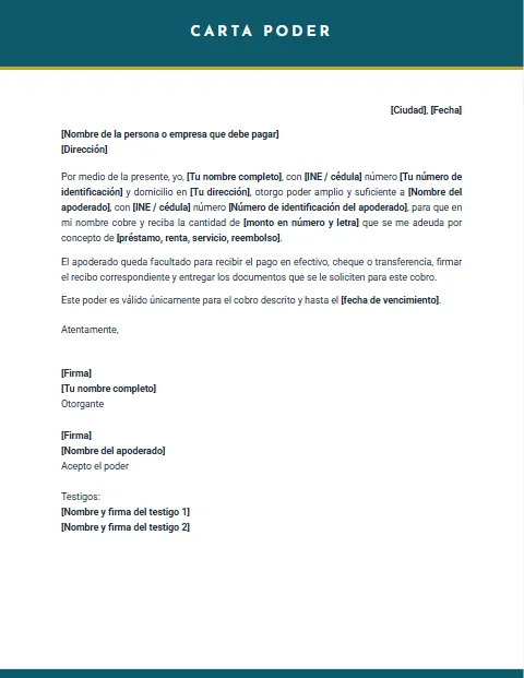 Formato de carta poder para cobrar en nombre de otra persona