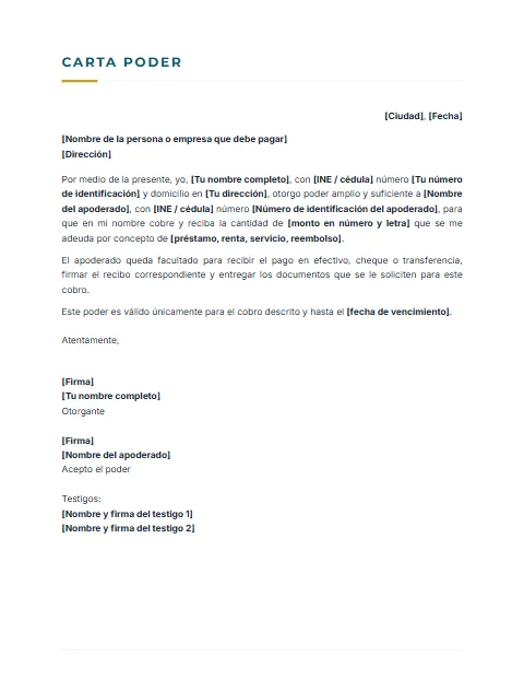 Carta Poder para Cobrar: diseño Sobrio