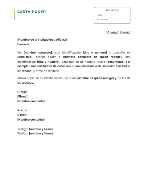Carta Poder para Recoger Documentos: diseño Con acuse