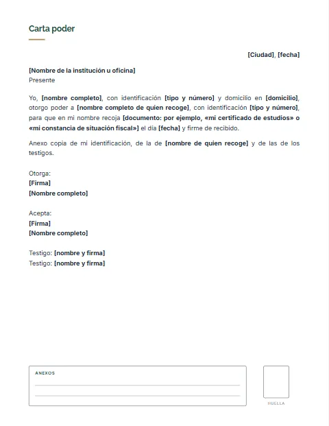 Carta Poder para Recoger Documentos: diseño Con anexos