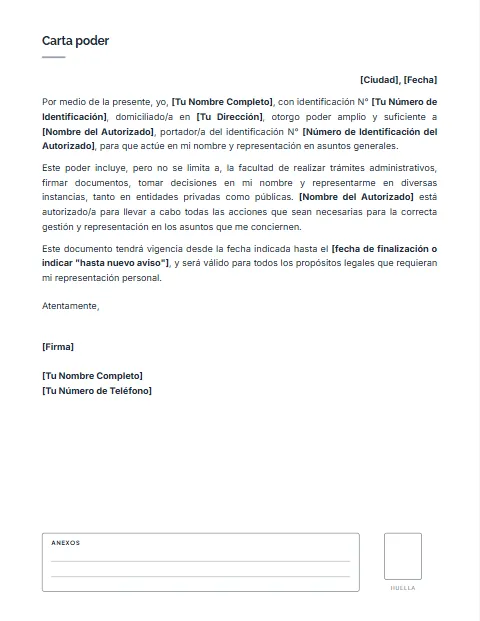 Formato Carta Poder de representación para descargar en Word