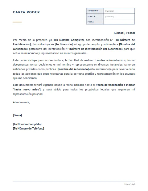Carta Poder de Representación: diseño Expediente