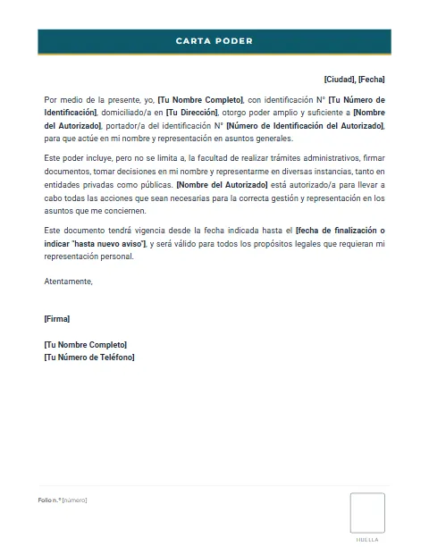 Carta Poder de Representación: diseño Formato con huella