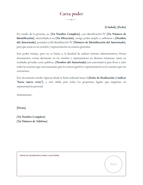 Carta Poder de Representación: diseño Para notaría
