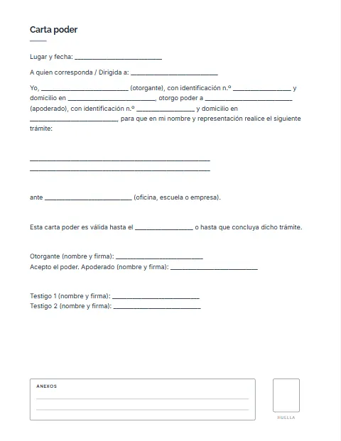 Formato de Carta Poder Simple: diseño Con anexos