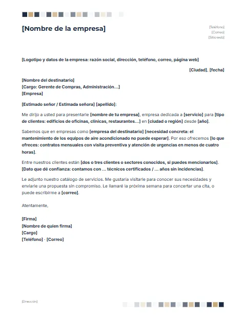 Carta de Presentación de Empresa: diseño Cuadros