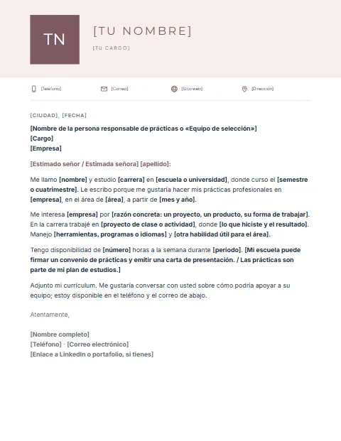 Carta de Presentación para Prácticas Profesionales: diseño Cabecera con foto
