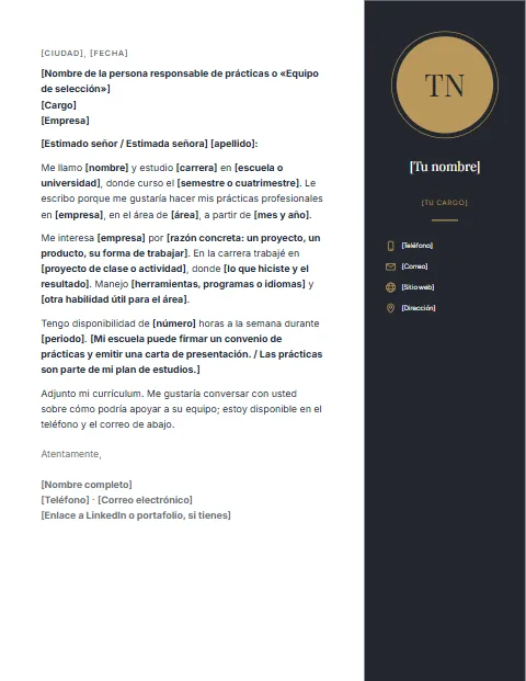 Carta de Presentación para Prácticas Profesionales: diseño Columna oscura