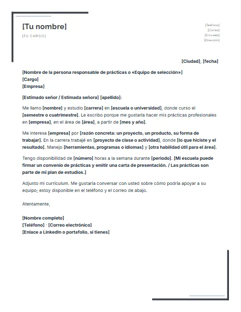 Carta de Presentación para Prácticas Profesionales: diseño Escuadras