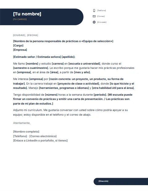 Carta de Presentación para Prácticas Profesionales: diseño Etiqueta con tu nombre