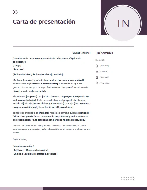 Carta de Presentación para Prácticas Profesionales: diseño Foto en círculo