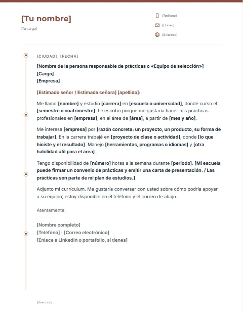 Formato de Carta de Presentación para Prácticas Profesionales para descargar en Word