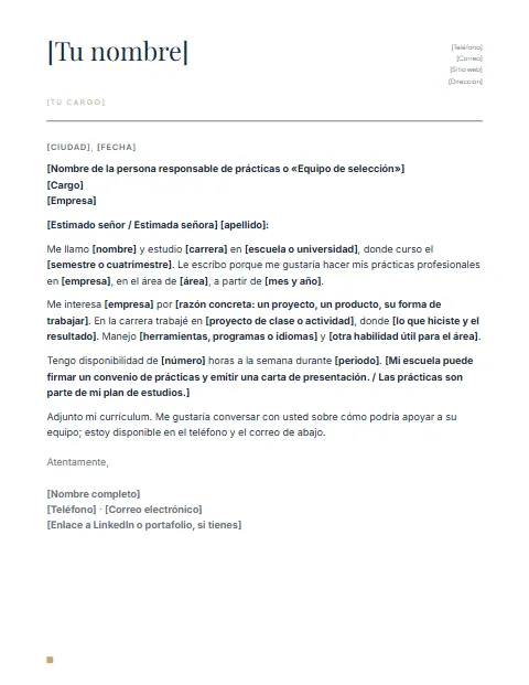 Carta de Presentación para Prácticas Profesionales: diseño Nombre grande