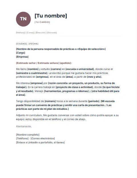 Carta de Presentación para Prácticas Profesionales: diseño Perfil