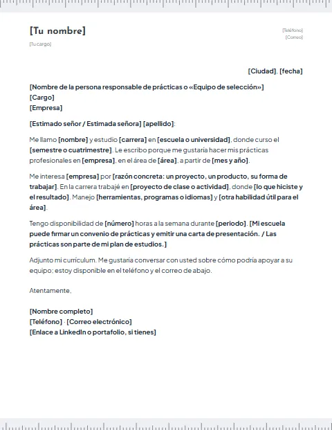 Carta de Presentación para Prácticas Profesionales: diseño Regla