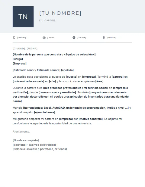 Carta de Presentación sin Experiencia: diseño Cabecera con foto