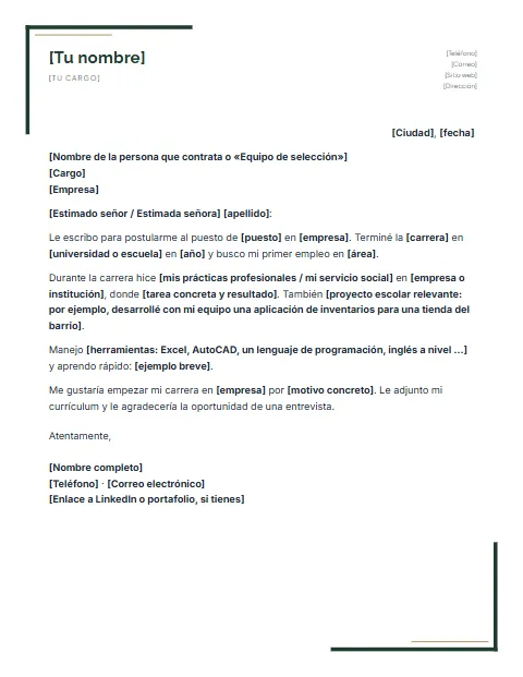Carta de Presentación sin Experiencia: diseño Escuadras