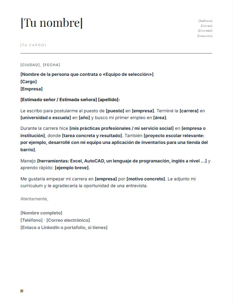 Carta de Presentación sin Experiencia: diseño Nombre grande