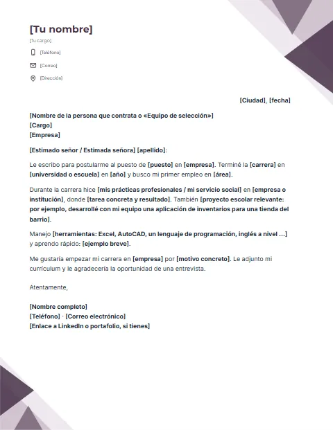 Carta de Presentación sin Experiencia: diseño Triángulos