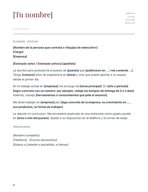 Carta de Presentación para Trabajo: diseño Nombre grande