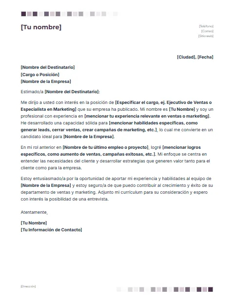 Carta de Presentación para Ventas y Marketing: diseño Cuadros