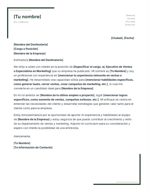 Carta de Presentación para Ventas y Marketing: diseño Escuadras