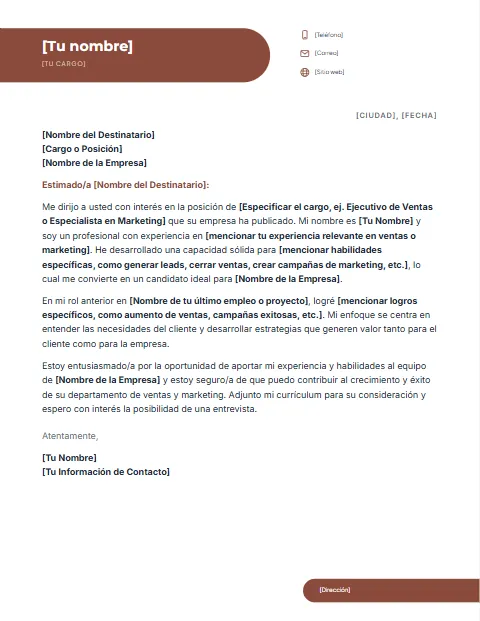Carta de Presentación para Ventas y Marketing: diseño Etiqueta con tu nombre
