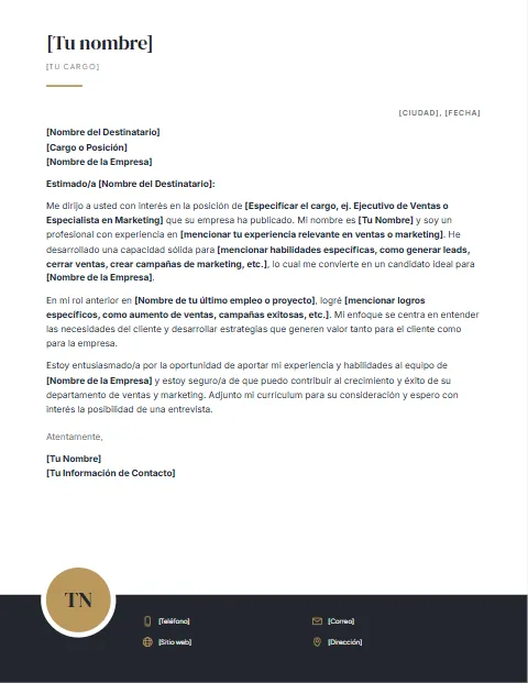 Carta de Presentación para Ventas y Marketing: diseño Pie oscuro