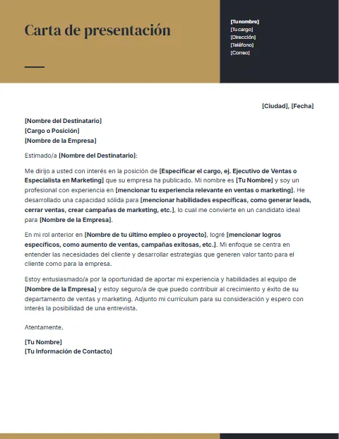 Formato de Carta de Presentación para Ventas y Marketing para descargar en Word