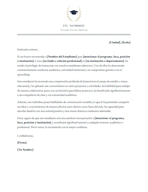 Formato de carta de recomendación académica para descargar en Word
