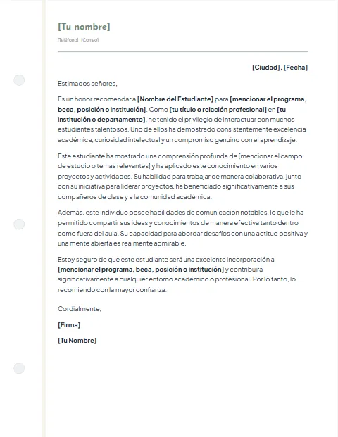 Carta de Recomendación Académica: diseño Cuaderno