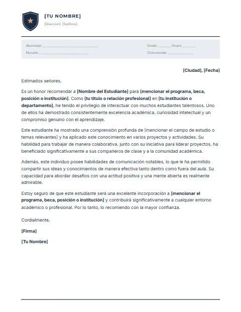 Carta de Recomendación Académica: diseño Escudo escolar