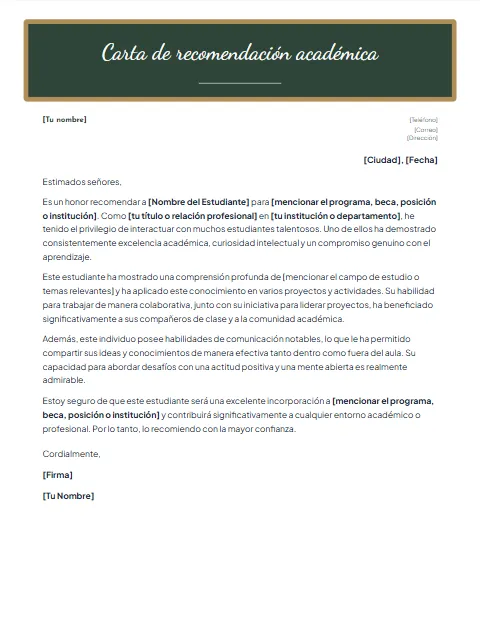 Carta de Recomendación Académica: diseño Pizarra