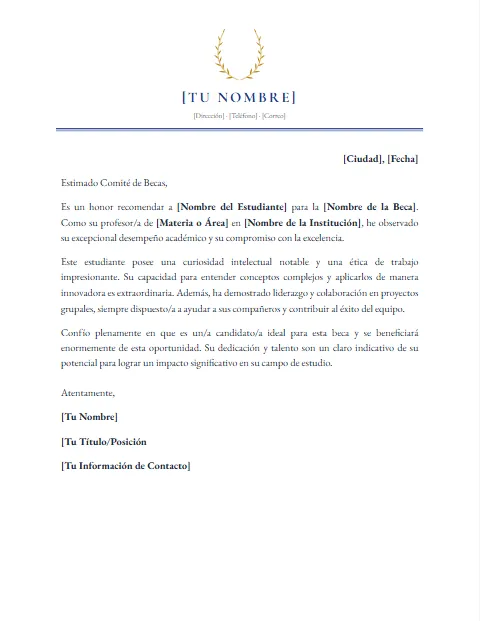 Formato Carta de Recomendación para Beca para descargar en Word