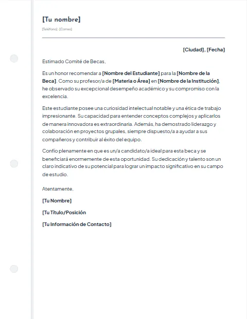Carta de Recomendación para Beca: diseño Cuaderno