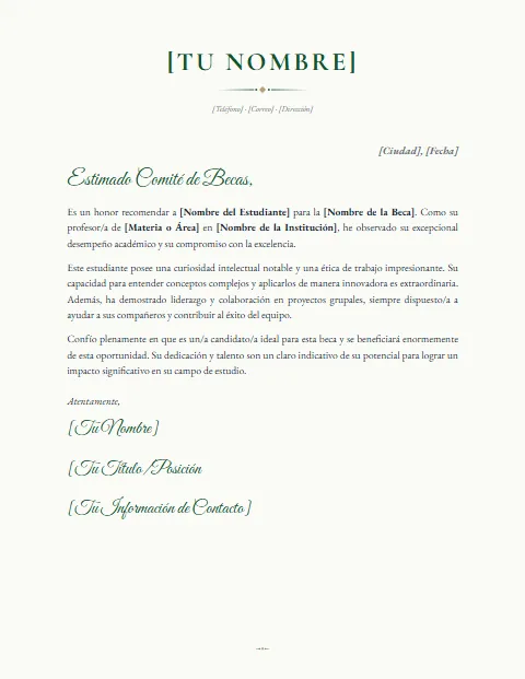 Carta de Recomendación para Beca: diseño Elegante